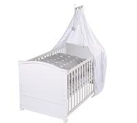 roba Cuna Evolutiva para Bebés Little Stars - 70 x 140 cm - Juego de Cama Completa - Ropa de Cuna + Dosel + Colchón - Altura Ajustable - Convertible - Madera Blanca