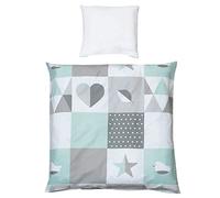 roba Juego de Ropa de Cuna Happy Patch - Juego de 2 Piezas de Ropa de Cama para Bebés de 80 x 80 cm - Funda de Edredón y Funda de Almohada de 40 x 35 cm de Algodón - Menta/Gris