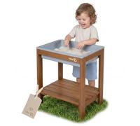 roba mesa de juego de exterior "Tiny" con bandeja de juego, mesa de arena y agua resistente a la intemperie de madera maciza, muebles de jardín para niños, a partir de 18 meses, color teca