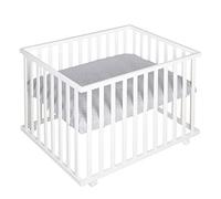roba Parque de Bebé en Madera 75 x 100 cm + Alfombra de Corralito roba Stye Gris - Base Ajustable en Altura - Ruedas con Frenos - Blanco