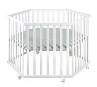 roba Parque Infantil Hexagonal, Corralito de Juegos para Bebés + Alfombra Style Verde, Altura Ajustable, Móvil con Ruedas, Madera Blanca