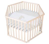 roba Parque Infantil Hexagonal de Madera Natural - Corralito de Juegos con Colchoneta Liebhabär con Motivos de Osos - Altura Ajustable - Móvil con Ruedas