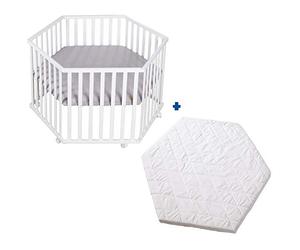 roba Set Parque Infantil Hexagonal + Colchón, Conjunto Completo de Corralito con Alfombra roba Style Gris, Altura Ajustable, Madera Blanca