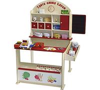 roba Tienda de Juguete para Niños + 100 Piezas de Accesorios - Verdadera Caja Registradora y Altavoz - Reloj y Pizarra - Rojo/Natural