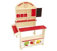 roba Tienda Infanil en Madera Tante Emma - Con Mostrador Frontal y Lateral, Puertas Correderas y Pizarra para Tizas, 3 Cajones de Madera - Natural / Rojo