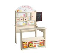 roba Tienda Infantil de Comestibles de Juguete en Madera - Minishop para Niños - Tienda con Reloj y Pizarra - Natural / Impresión de Alimentos
