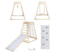 roba Torre de Escalada Montessori Interior con Tabla 2en1 Deslizante y de Escalada, Red y Peldaños, Columpio y Anillas - Desde 24 Meses - Soporta hasta 70 kg - Madera Natural