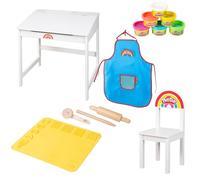 roba x Play-Doh Escritorio Escolar - Herramientas de Madera certificada por el FSC, Alfombra Creativa, 6 latas de plastilina, Delantal y Silla - Escritorio para Pintar, Manualidades y Jugar