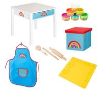 roba x Play-Doh Mesa de Manualidades con taburete, plastilina, herramientas, alfombrilla 3D, delantal y caja. Madera FSC, ideal desde 3 años.