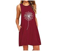 Robe D Été Femme Courte - Robe D'Été Femme Sans Manches Vestido de cuello redondo modelo Mini Vestidos Estampado Tema Diente de león Color sólido Vestido Line A Loose Jupe con bolsillos Moda Dress