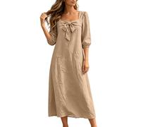 Robe midi unie décontractée avec un élégant nœud papillon un col carré, caqui, S