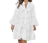 Robe Noire Femme Europa Estados Unidos Primavera Verano Liso Cuello En Suelto Bordado Encaje Hueco Vestido Sexy