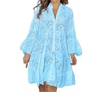 Robe Noire Femme Europa Estados Unidos Primavera Verano Liso Cuello En Suelto Bordado Encaje Hueco Vestido Sexy
