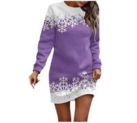 Robe Noire Femme Mujer Otoño e Invierno Moda Navidad Estampado Cuello Redondo Manga Larga Vestido Casual, morado, M