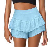 Robe Noire Femme - Pantalones cortos de verano para mujer, con volantes, pierna ancha y tejido texturizado, pantalones cortos de playa informales para uso diario, azul celeste, M