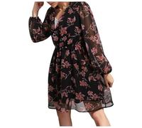 Robe Noire Femme - Vestido corto de gasa con estampado floral de manga larga para mujer, Negro , XXL