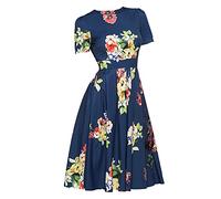 Robe Noire Femme - Vestido de manga corta con cuello redondo para mujer, diseño floral, estilo retro, azul, S