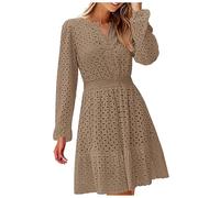 Robe Noire Femme - Vestido de manga larga para mujer, cuello en V, con agujeros huecos, bordado, plisado, caqui, XL