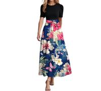Robe Noire Femme - Vestido elegante con estampado de cintura alta para mujer en primavera/verano, Rosa intenso., S