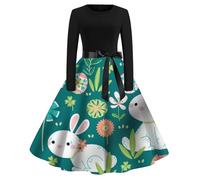 Robe Noire Femme Women' Easter Print Long Sleeve Belted Maxi Dress Casual Flowy Holiday with Tie Belt(Blue,L)