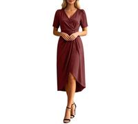 Robe Portefeuille élégante en Satin à Manches Courtes col travaillé, Robe midi sophistiquée décontractée idéale Pour le quotidien, Vino, XXL