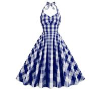 Robe rétro mi-Longue à Carreaux Roses de Style britannique, Grand ourlet, en Coton-Bleu foncé, Grands Carreaux Blancs-S