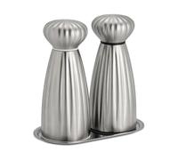 Robert Welch Set de molinillos de sal y pimienta Palm Satin Small-acero inoxidable. con bandeja