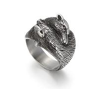 RobertDTesta Anillo De Hombre con Doble Cabeza De Lobo, Anillo De Acero Inoxidable con Cabeza De Lobo De Época Vikinga,Plata,12