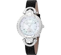 Roberto Cavalli by Franck Muller - Reloj de Mujer de Cuarzo a la Moda, Correa de Piel Negra, Caja de Acero Inoxidable, Esfera analógica Blanca - RV1L165L0011