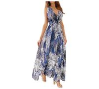Robes d'été Pour Femmes, col en V, Motif Floral, Robes décontractées élégantes, Style bohème, Robes Maxi de Plage, azul, XL