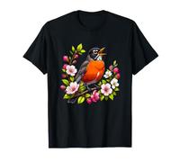 Robin Americano Cantando en Flor Rama Primavera Camiseta