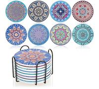 Robin Goods® Juego de posavasos de 9 piezas con soporte de metal - Posavasos de cerámica con diseño de mandala con respaldo de corcho - Posavasos redondos para bebidas (8 piezas - posavasos + soporte)