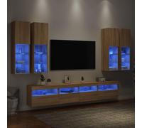 Roble Sonoma resistente a la humedad con luces LED RGB Mueble TV empotrable | Muebles de TV de pared con luces LED 7 piezas roble sonoma almacenamiento flotante sala hogar