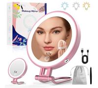 Robofun Espejo Maquillaje con Luz, 1X/10X Espejo Aumento con Luz, 3 Colores de Luz y Brillo Ajustable de 20%-100%, 3000mAh Carcasa De Metal Espejo Maquillaje - Oro Rosa