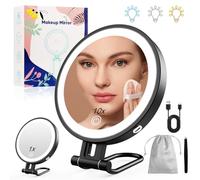 Robofun Espejo Maquillaje con Luz, 1X/10X Espejo Aumento con Luz, 3 Colores de Luz y Brillo Ajustable de 20%-100%, 3000mAh Carcasa De Metal Espejo Maquillaje - Negro
