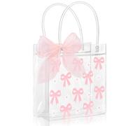 ROBOHOOK 6 bolsas de regalo transparentes con asas, bolsas de regalo reutilizables con lazo, viene con un rollo de cinta rosa de 9 m adecuada para bodas, cumpleaños, baby showers, etc