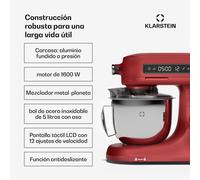 Klarstein Chiara Robot de Cocina 1600W - Bol 5L Acero Inoxidable, 12 Velocidades, Pantalla Táctil LCD, Silencioso ≤72dB, Accesorios Apto Lavavajillas, Carcasa de Aluminio Fundido, Rojo