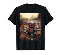 Robot Lindo Oxidado Flor Naranja Vintage Steampunk Sci-Fi Camiseta