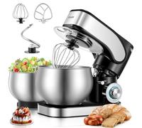 Robot pastelero con 5 L + 3 L cuencos de acero inoxidable, gancho para amasar reforzado, 1300 W, robot pastelero profesional, 6 + P velocidades, gancho para masa, batidor plano y batidor para