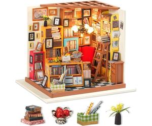 Robotime Biblioteca Casa de Muñecas Estilo Estudio - Kit de Construcción en Miniatura con Detalles de Iluminación y Accesorios - Decoración del Hogar