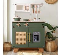 ROBOTIME Cocina de juguete retro de madera para niños, incluye microondas, dispensador de cubitos de hielo, taquilla de red de ratán y utensilios de cocina realistas, verde vintage, adecuado para