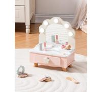 ROBOTIME Juego de maquillaje de madera para niñas, tocador rosa para niños, espejo en forma de concha con luz, cosméticos de madera falsos, juguetes de juego de rol para niñas, regalo de cambio de