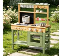 ROBOTIME Mud Kitchen Play Set para niños, cocina de madera de lujo al aire libre con grifo funcional, pizarra, parrilla de barbacoa, gran espacio de almacenamiento, fregadero de jardín y accesorios de