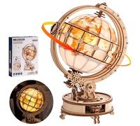 Robotime Puzzle 3D de Madera para Adultos - Globo Terráqueo Giratorio con Luz LED, Kit de Modelo Mecánico DIY, Rompecabezas 3D de Construcción, Regalo para Hombres, Luz Nocturna (Rotación Automática)