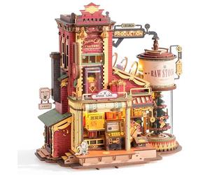 ROBOTIME Puzzle 3D Fábrica de Regalos, Maquetas para Construir Adultos, Retro Vintage Maqueta Madera, Kit de Construcción, Rompecabezas de Madera Luminosa con Música y 5 Elfos para Niño Adulto EAB01