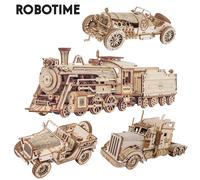 Robotime Rokr-rompecabezas 3D móvil, tren de vapor, coche, Jeep, modelo de madera, Kit de bloques de construcción, juguete educativo de montaje para niños y adultos MC501 Steam Train