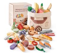 ROBOTIME Set de alimentos de madera para niños, juguete de cocina para cortar - Juguetes de comida realistas para niños con bolsa de almacenamiento, regalo de juego de rol educativo para niños y niñas
