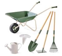 ROBUD Carretilla infantil de metal con juego de herramientas de jardín para niños, carretilla con pala larga, azada, rastrillo, regadera, etiquetas para plantas, herramientas de jardín, juguetes para