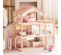 ROBUD Casa de muñecas de Madera,Villa de muñecas con Muebles,con Ascensor, Garaje, cenador y Piscina,Regalo para niños a Partir de 3, 4, 5, 6 años y Mayores,Rosa
