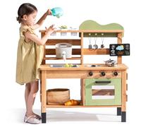 ROBUD Cocina de barro para niños al aire libre, cocina de juguete de madera con grifo auténtico, hervidor de agua, macetero, horno, pizarra, cocina infantil, regalo de madera para niñas y niños a